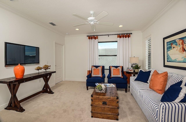 21225 Wacissa Dr, Venice, FL 34293 - living room with light colored carpet, ornamental molding, a ceiling fan, recessed lighting, and baseboards