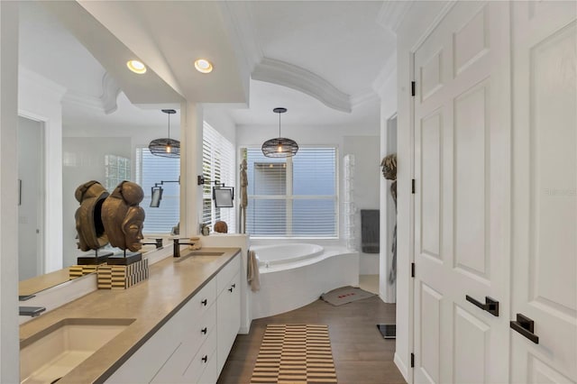 4505 Camino Real, Sarasota, FL 34231 - full bathroom with ornamental molding, a bath, double vanity, and recessed lighting