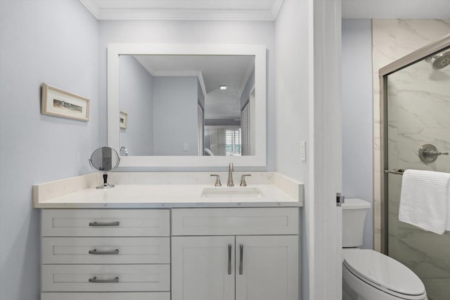 1255 E Peppertree Dr Unit 507, Sarasota, FL 34242 - bathroom with a marble finish shower, vanity, toilet, and ornamental molding