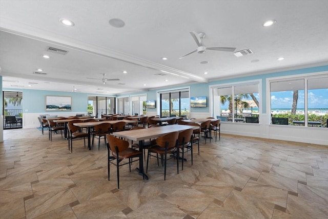 1255 E Peppertree Dr Unit 507, Sarasota, FL 34242 - dining space with ceiling fan, recessed lighting, and crown molding