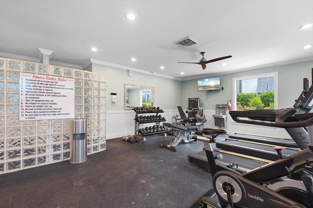 1255 E Peppertree Dr Unit 507, Sarasota, FL 34242 - exercise room with a ceiling fan, crown molding, recessed lighting, wainscoting, and plenty of natural light