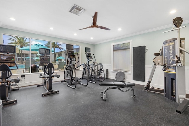 1255 E Peppertree Dr Unit 507, Sarasota, FL 34242 - gym with ornamental molding, a ceiling fan, and recessed lighting