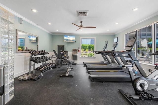 1255 E Peppertree Dr Unit 507, Sarasota, FL 34242 - workout area with ornamental molding, a ceiling fan, and recessed lighting