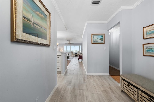 1255 E Peppertree Dr Unit 507, Sarasota, FL 34242 - corridor with baseboards, crown molding, and light wood-style floors