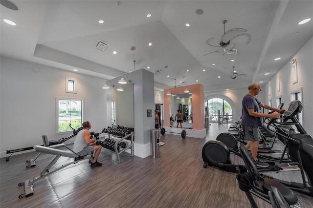 2625 Star Apple Way, Sarasota, FL 34240 - workout area featuring recessed lighting, a ceiling fan, high vaulted ceiling, and baseboards