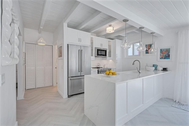 643 Calle Del Otono, Sarasota, FL 34242 - kitchen with appliances with stainless steel finishes, a sink, white cabinetry, a peninsula, and glass insert cabinets