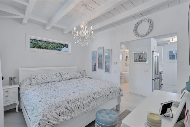 643 Calle Del Otono, Sarasota, FL 34242 - bedroom with high end refrigerator, a chandelier, connected bathroom, wooden ceiling with exposed beams, and baseboards
