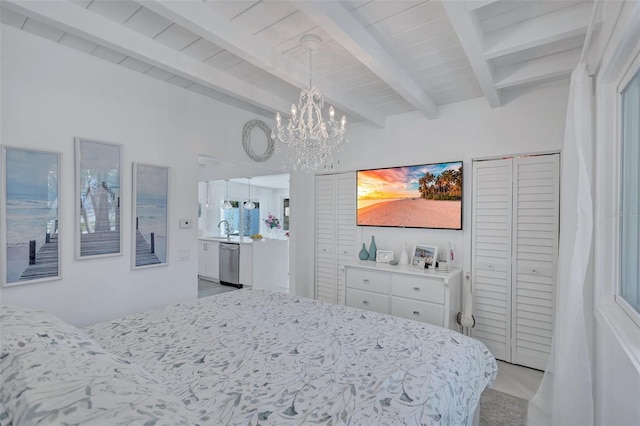 643 Calle Del Otono, Sarasota, FL 34242 - bedroom featuring a chandelier, beam ceiling, and a sink