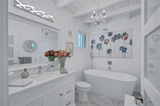 643 Calle Del Otono, Sarasota, FL 34242 - full bathroom with a soaking tub, a chandelier, vanity, toilet, and wooden ceiling with exposed beams