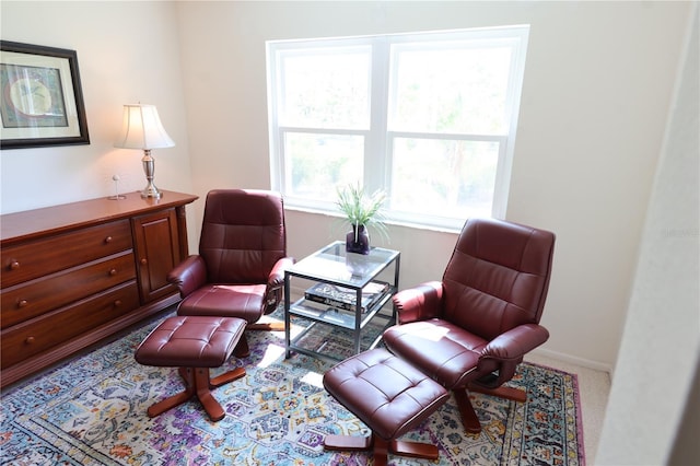 living area featuring carpet and baseboards