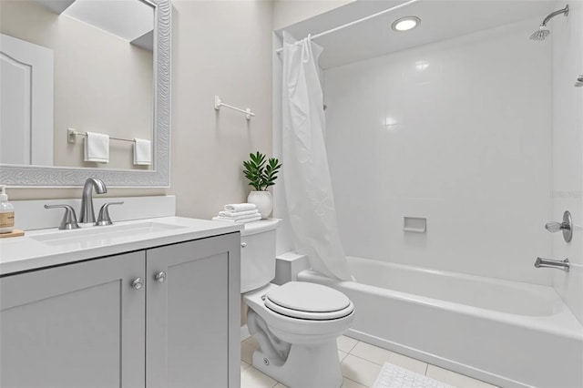 5310 SW 25th Ct, Cape Coral, FL 33914 - bathroom featuring toilet, shower / bathtub combination with curtain, vanity, tile patterned floors, and recessed lighting