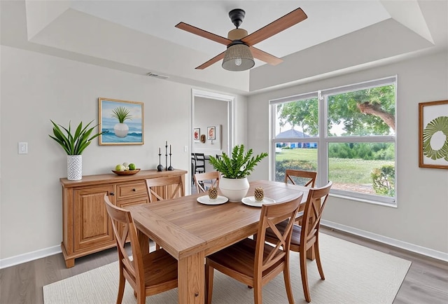 5310 SW 25th Ct, Cape Coral, FL 33914 - dining area with a tray ceiling, a ceiling fan, baseboards, and light wood-type flooring
