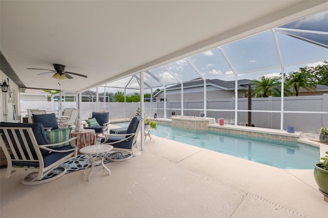 11021 4th Ave E, Bradenton, FL 34212 - view of pool with a patio area, a fenced backyard, a ceiling fan, and an outdoor living space