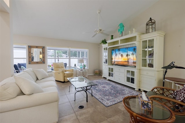 11021 4th Ave E, Bradenton, FL 34212 - living area with ceiling fan, light tile patterned floors, and lofted ceiling