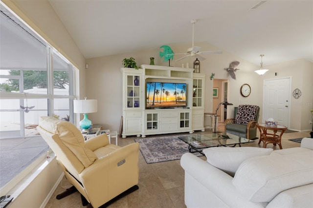 11021 4th Ave E, Bradenton, FL 34212 - living room with lofted ceiling, a ceiling fan, and baseboards