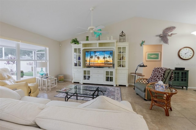 11021 4th Ave E, Bradenton, FL 34212 - living area featuring lofted ceiling, a ceiling fan, tile patterned floors, and baseboards