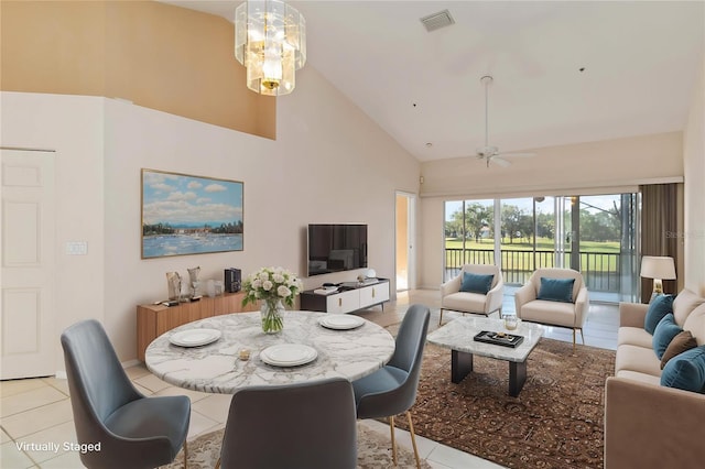 6572 Fairway Gardens Dr Unit 6572, Bradenton, FL 34203 - dining space with high vaulted ceiling, light tile patterned floors, and ceiling fan