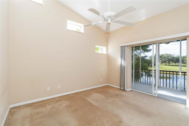 6572 Fairway Gardens Dr Unit 6572, Bradenton, FL 34203 - unfurnished room featuring carpet flooring, baseboards, a ceiling fan, high vaulted ceiling, and a water view