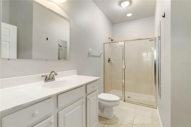 4220 Via Piedra Cir Unit 4-101, Sarasota, FL 34233 - full bathroom featuring vanity, a shower stall, toilet, and tile patterned floors