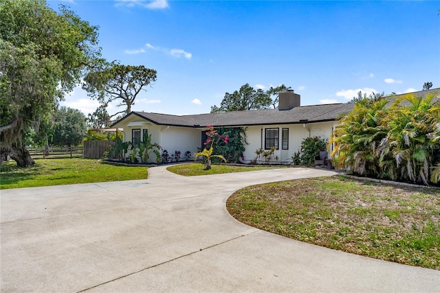 3810 Hidden River Rd, Sarasota, FL 34240 - single story home with a chimney, curved driveway, and stucco siding