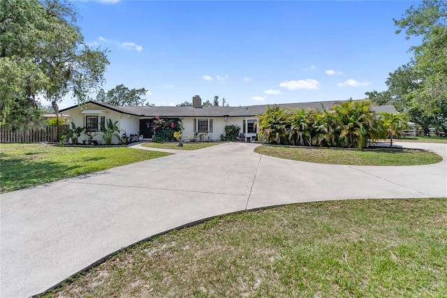 3810 Hidden River Rd, Sarasota, FL 34240 - ranch-style house with a chimney, concrete driveway, and stucco siding