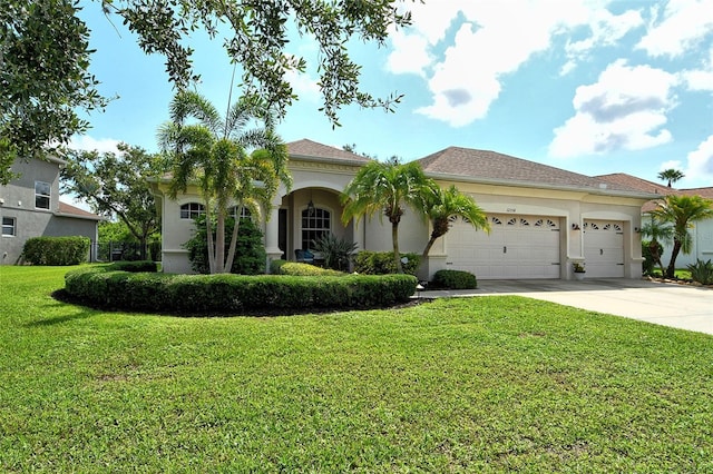 12358 Lavender Loop, Bradenton, FL 34212 - mediterranean / spanish home with concrete driveway, a garage, a front yard, and stucco siding