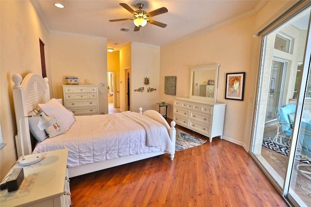 950 Trotter St, Nokomis, FL 34275 - bedroom with wood finished floors, ornamental molding, baseboards, ceiling fan, and access to outside