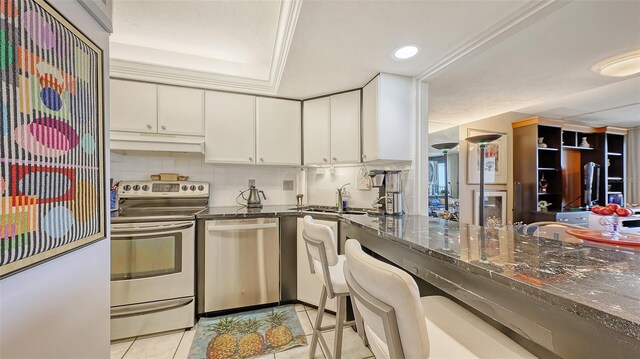 2045 Gulf Of Mexico Dr Unit M1-514, Longboat Key, FL 34228 - kitchen featuring appliances with stainless steel finishes, a sink, under cabinet range hood, recessed lighting, and a raised ceiling