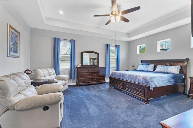 12755 Rainwashed Loop, Parrish, FL 34219 - carpeted bedroom featuring a tray ceiling, a ceiling fan, baseboards, and recessed lighting