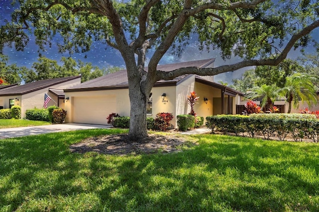 3914 Glen Oaks Manor Dr, Sarasota, FL 34232 - mid-century modern home with an attached garage, a front yard, stucco siding, and concrete driveway