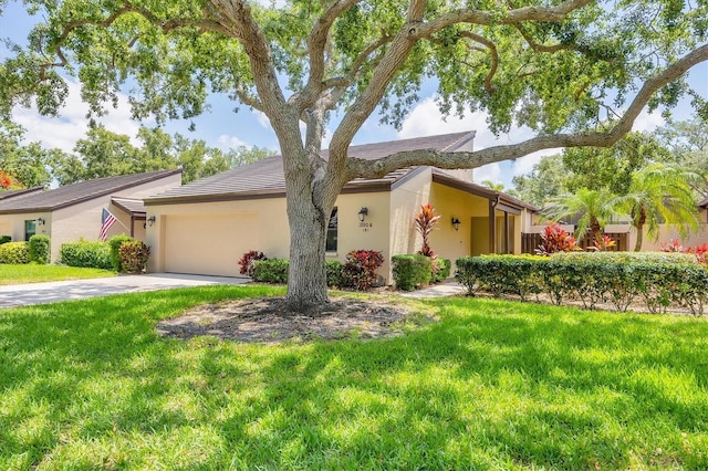 3914 Glen Oaks Manor Dr, Sarasota, FL 34232 - mid-century modern home featuring a garage, stucco siding, concrete driveway, and a front yard
