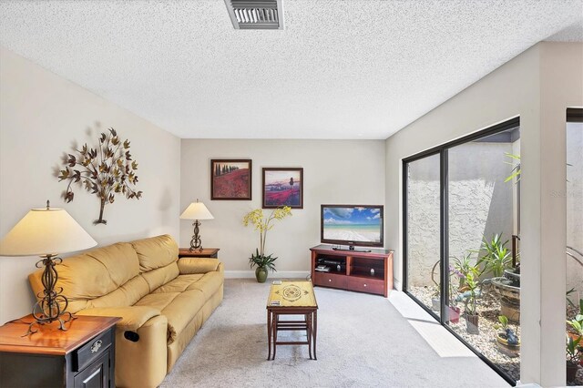 3914 Glen Oaks Manor Dr, Sarasota, FL 34232 - living room with light carpet, a textured ceiling, and baseboards