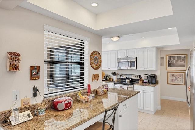 3914 Glen Oaks Manor Dr, Sarasota, FL 34232 - kitchen with stainless steel appliances, light stone counters, white cabinets, a tray ceiling, and light tile patterned flooring