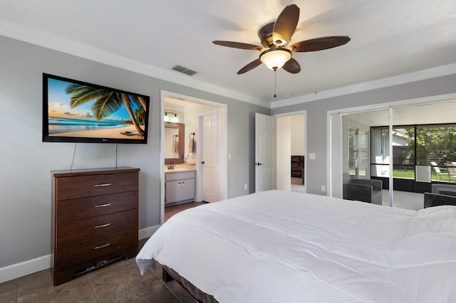 613 E 49th St E, Bradenton, FL 34208 - bedroom featuring access to exterior, ornamental molding, baseboards, a sink, and ensuite bath
