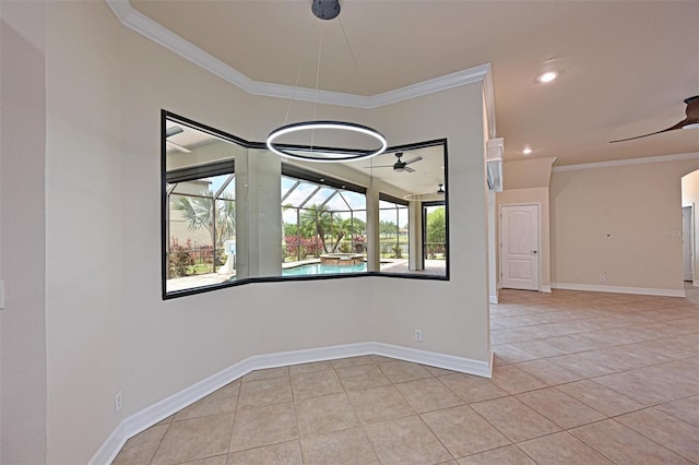12644 20th St E, Parrish, FL 34219 - unfurnished dining area with a ceiling fan, tile patterned floors, crown molding, baseboards, and recessed lighting