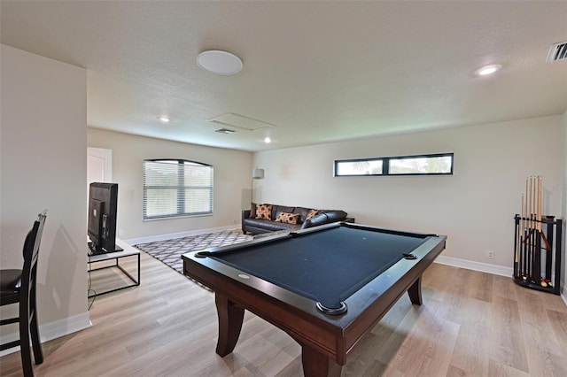 12644 20th St E, Parrish, FL 34219 - recreation room with light wood-type flooring, baseboards, billiards table, recessed lighting, and attic access
