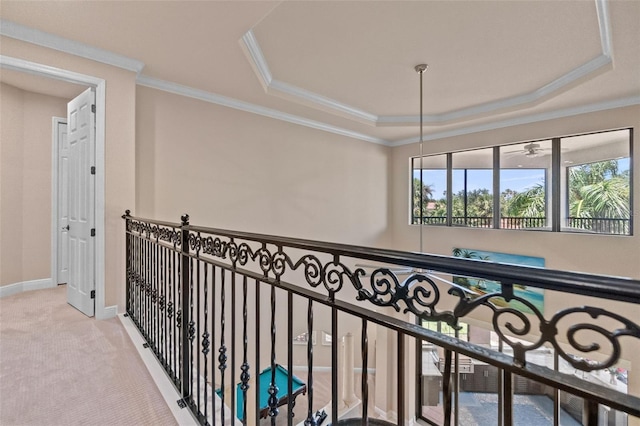 6808 Belmont Ct, Lakewood Ranch, FL 34202 - corridor featuring a tray ceiling, carpet, baseboards, and crown molding