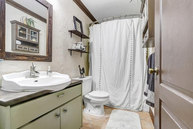 7321 Caladesia Dr, Sarasota, FL 34243 - bathroom with a textured wall, toilet, vanity, tile patterned floors, and a shower with shower curtain