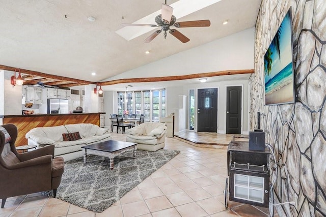 7321 Caladesia Dr, Sarasota, FL 34243 - living room featuring lofted ceiling, tile patterned floors, ceiling fan, and recessed lighting