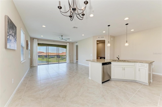 121 Porta Vecchio Bnd Unit 201, Nokomis, FL 34275 - kitchen featuring dishwasher, a sink, open floor plan, light tile patterned flooring, and recessed lighting