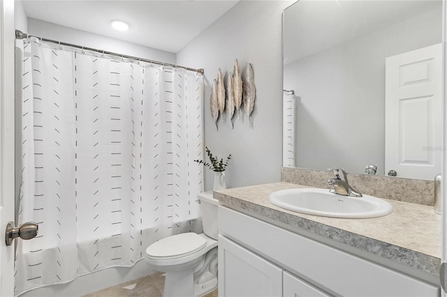 10539 Kidron Ave, Englewood, FL 34224 - bathroom featuring toilet, vanity, tile patterned floors, and shower / bathtub combination with curtain