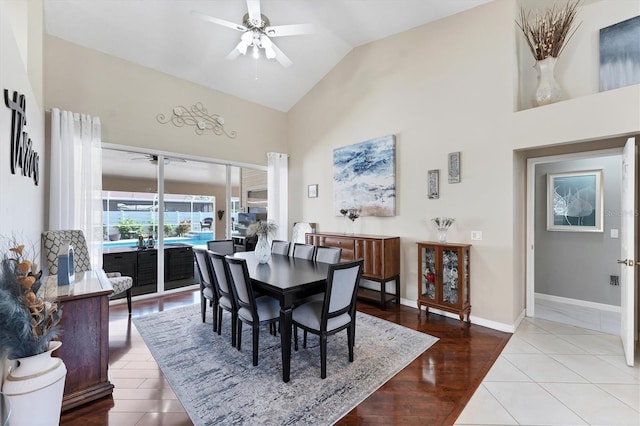 4585 Dover Street Cir E, Bradenton, FL 34203 - dining space featuring ceiling fan, high vaulted ceiling, baseboards, and wood finished floors