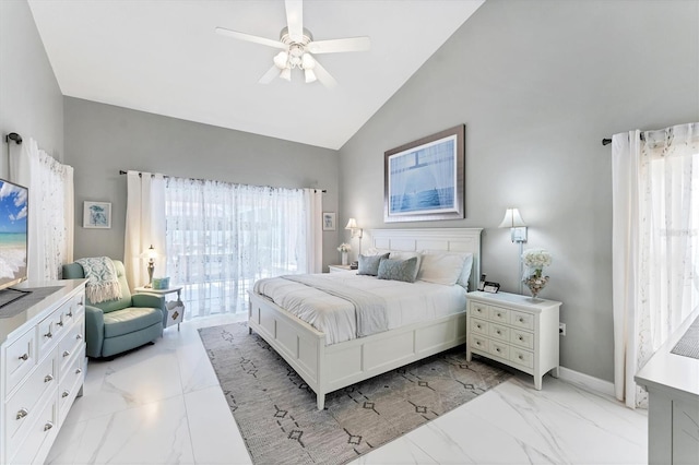 4585 Dover Street Cir E, Bradenton, FL 34203 - bedroom with light marble finish floors, high vaulted ceiling, ceiling fan, and baseboards