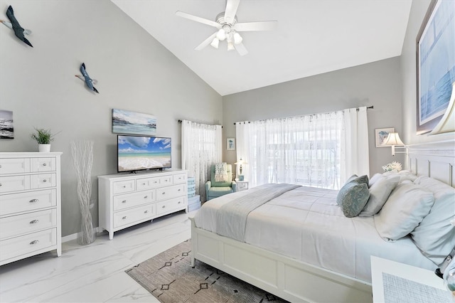 4585 Dover Street Cir E, Bradenton, FL 34203 - bedroom with light marble finish floors, high vaulted ceiling, and ceiling fan