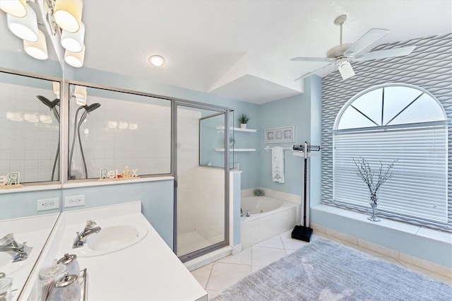 4585 Dover Street Cir E, Bradenton, FL 34203 - full bath featuring a stall shower, a garden tub, ceiling fan, tile patterned floors, and vanity