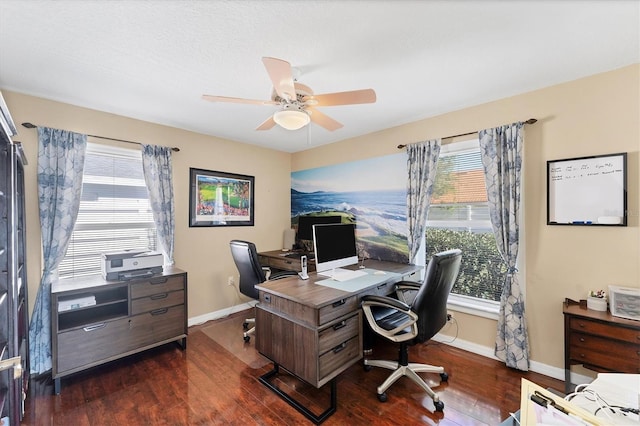 4585 Dover Street Cir E, Bradenton, FL 34203 - home office with dark wood finished floors, baseboards, and ceiling fan