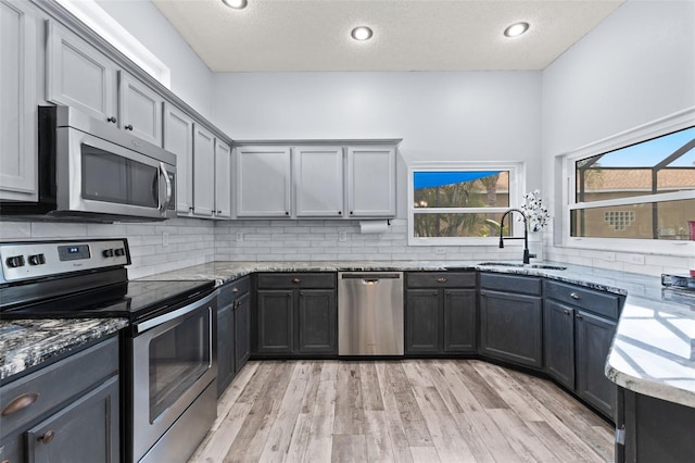 318 39th St NE, Bradenton, FL 34208 - kitchen with appliances with stainless steel finishes, a sink, light stone counters, light wood finished floors, and backsplash