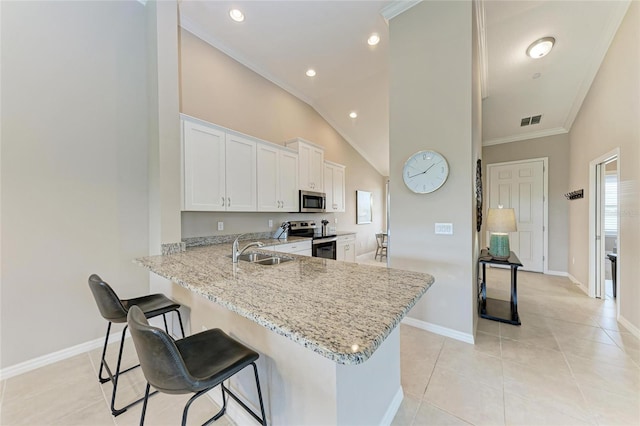 13710 Messina Loop Unit 201, Bradenton, FL 34211 - kitchen featuring stainless steel appliances, a sink, light stone countertops, crown molding, and white cabinets