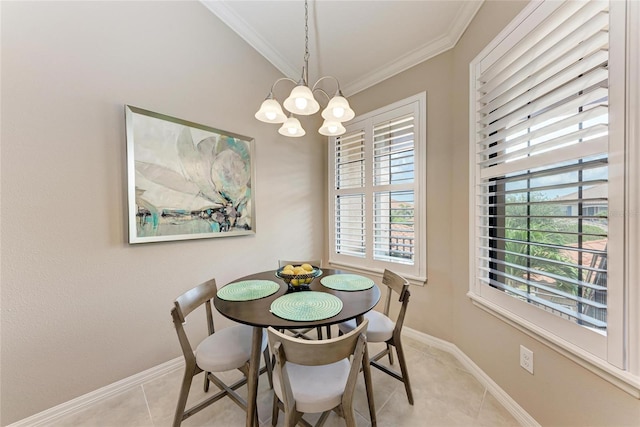 13710 Messina Loop Unit 201, Bradenton, FL 34211 - dining space featuring crown molding, a chandelier, baseboards, and light tile patterned floors
