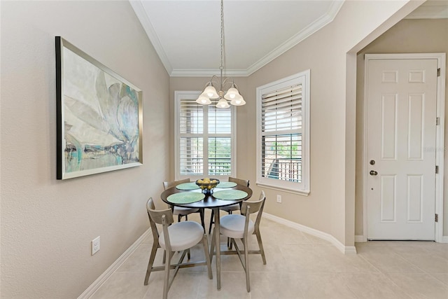 13710 Messina Loop Unit 201, Bradenton, FL 34211 - dining area featuring a chandelier, crown molding, light tile patterned floors, and baseboards